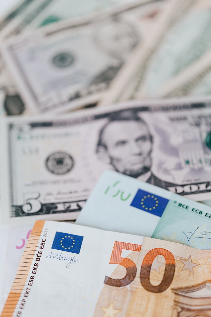 Closeup of different dollars and euro cash money scattered on table